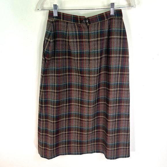 Vintage Lady Halrin Plaid Wool Skirt Womens 8 Brown Lined Pockets Zip Pleated - Picture 7 of 11